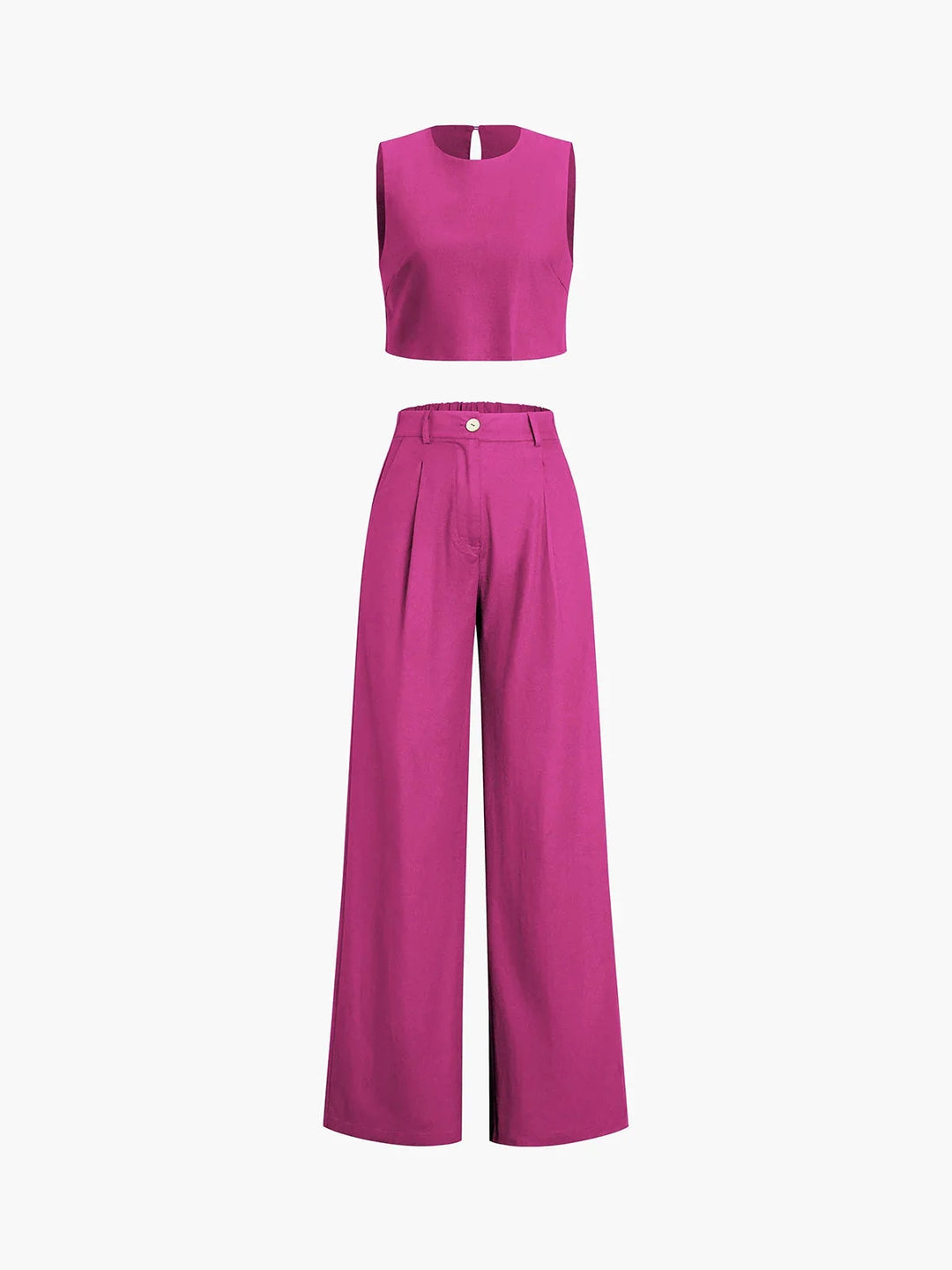 "Black women's crop top and wide-leg pants set with asymmetrical design, made from soft, breathable fabric for a trendy and…