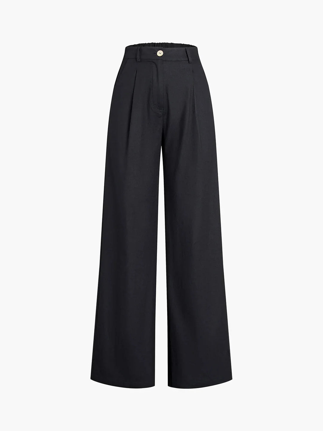 "Black crop top with asymmetrical neckline paired with matching wide-leg pants in soft cotton blend fabric."