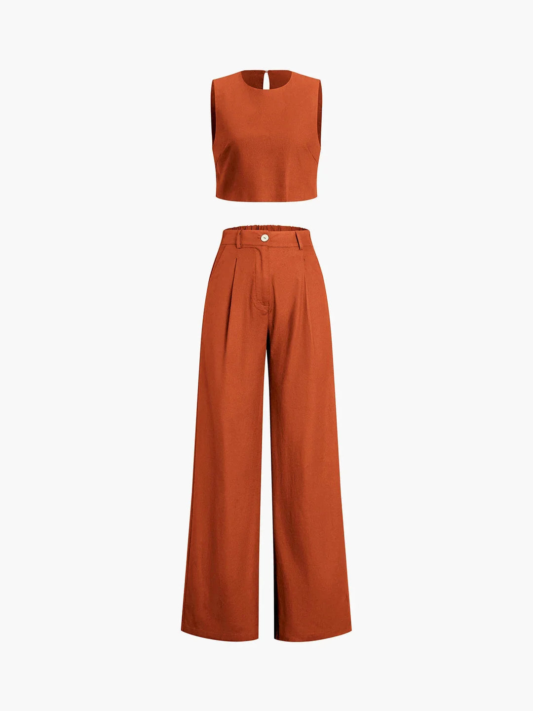 Black cotton asymmetrical crop top with matching wide-leg pants set. Edgy style with off-center hem and relaxed fit.