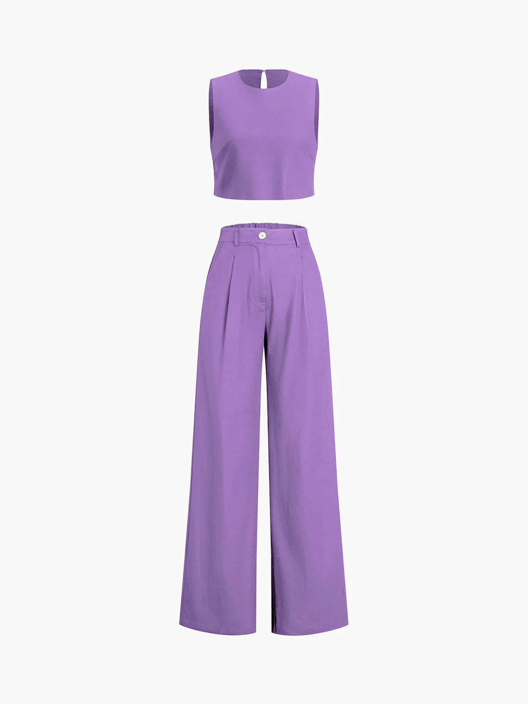 Purple crop top and wide-leg pants set. Asymmetrical design. Made from soft, flowy fabric for a stylish and modern look.