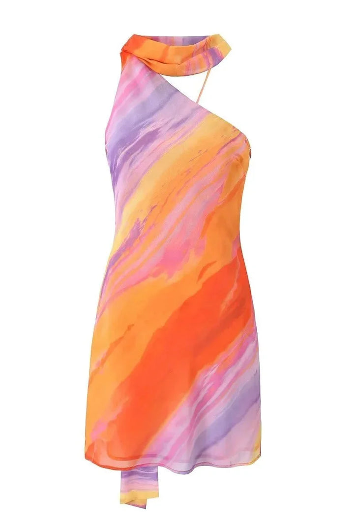 Halter mini dress featuring sunset-inspired tones, perfect for a summer day out. Made of lightweight, breathable fabric for…