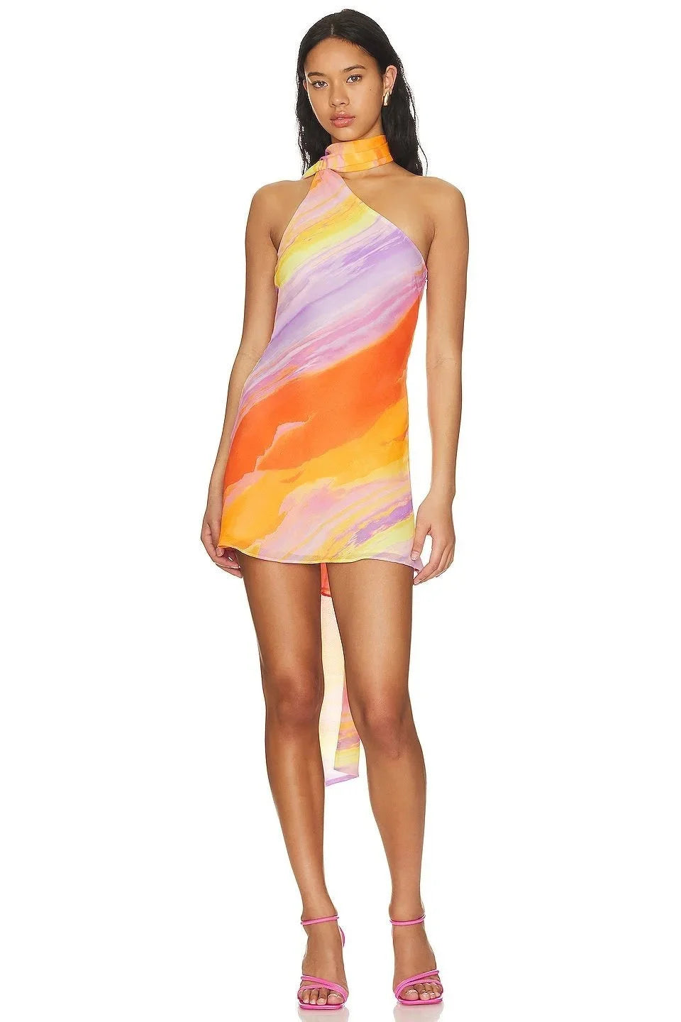 Halter mini dress in sunset tones, perfect for summer with a vibrant design and lightweight fabric.