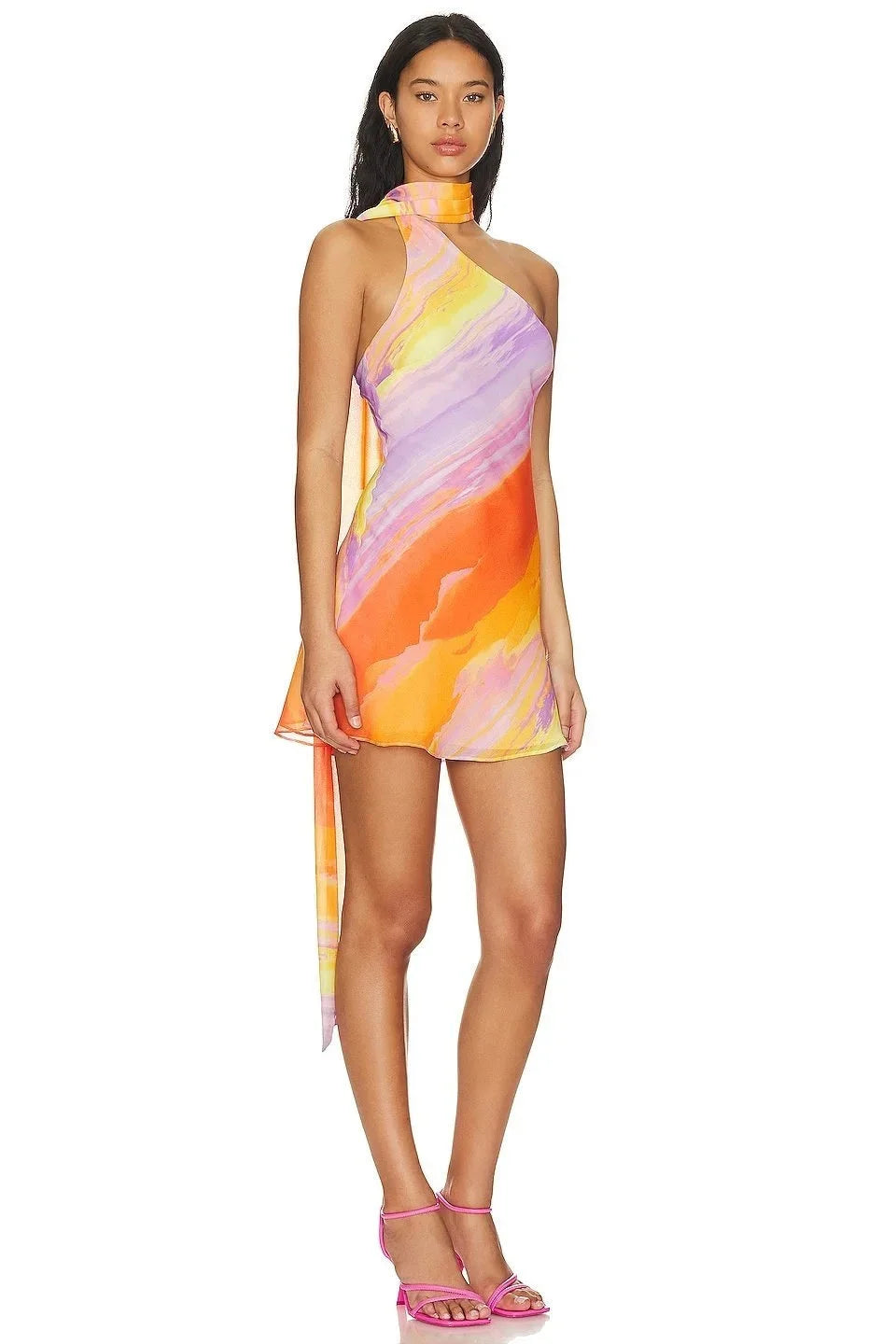 Halter mini dress in sunset tones with a flowy silhouette, perfect for summer days.