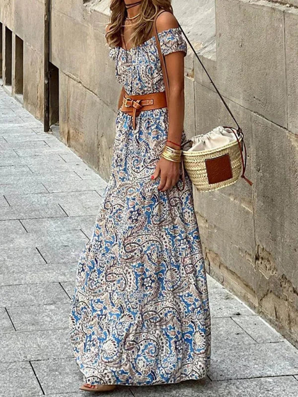 Off-shoulder paisley maxi dress by Auria with flowing design. Made from soft, breathable fabric, perfect for casual or…