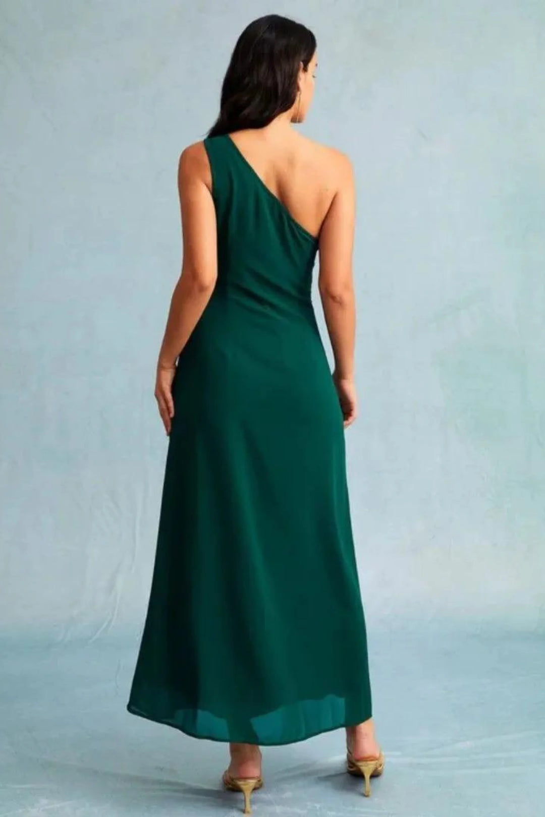 Dark green one-shoulder maxi dress by Avanna, showcasing a sleek and sophisticated design perfect for formal occasions.
