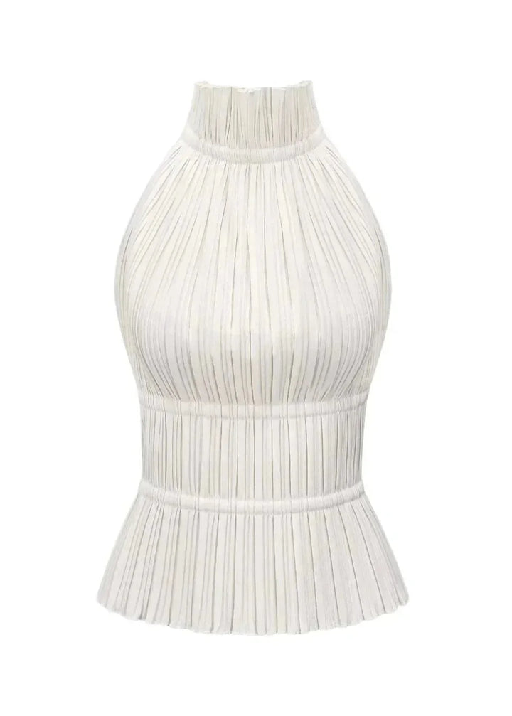 "Women's halter top with metallic chain details, made of soft cotton blend in a sleek black color."