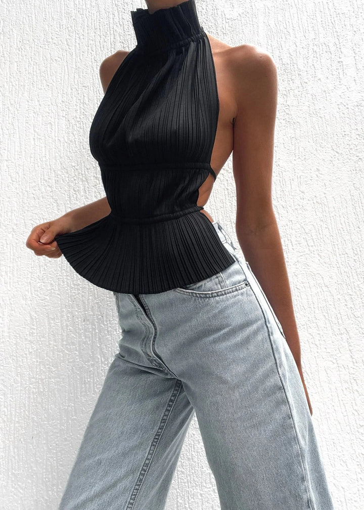 "Avonlea Women's halter top in black with metallic chain accents on neckline and racerback, made of soft cotton blend…