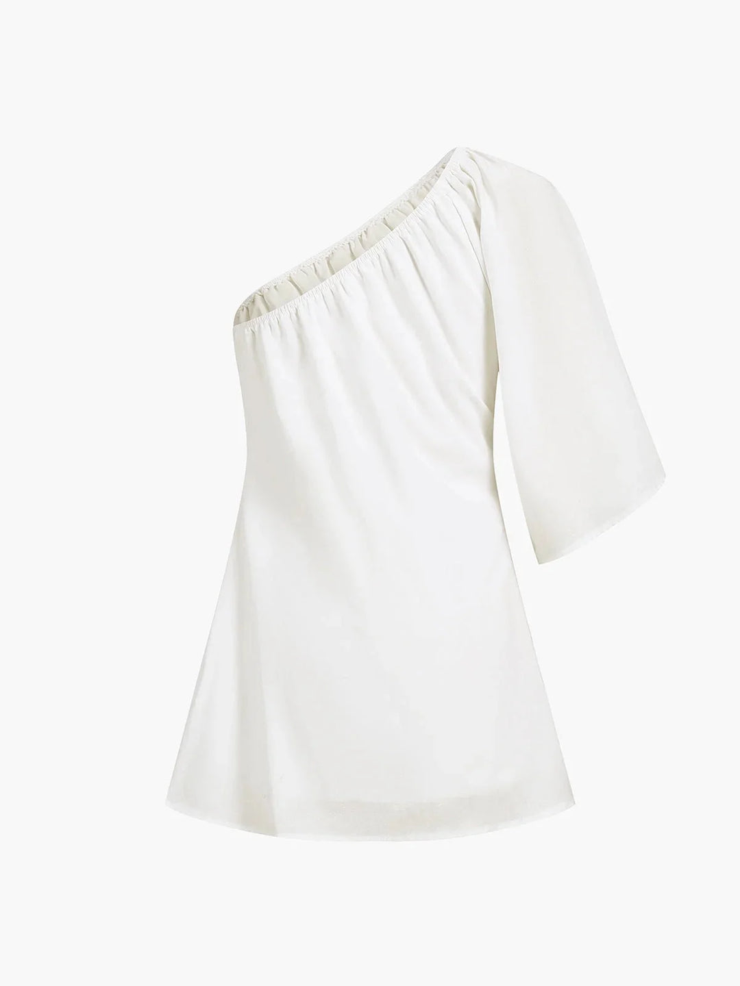 Off-shoulder mini dress in light blue with puff sleeves, perfect for a summer day out or a casual evening event.