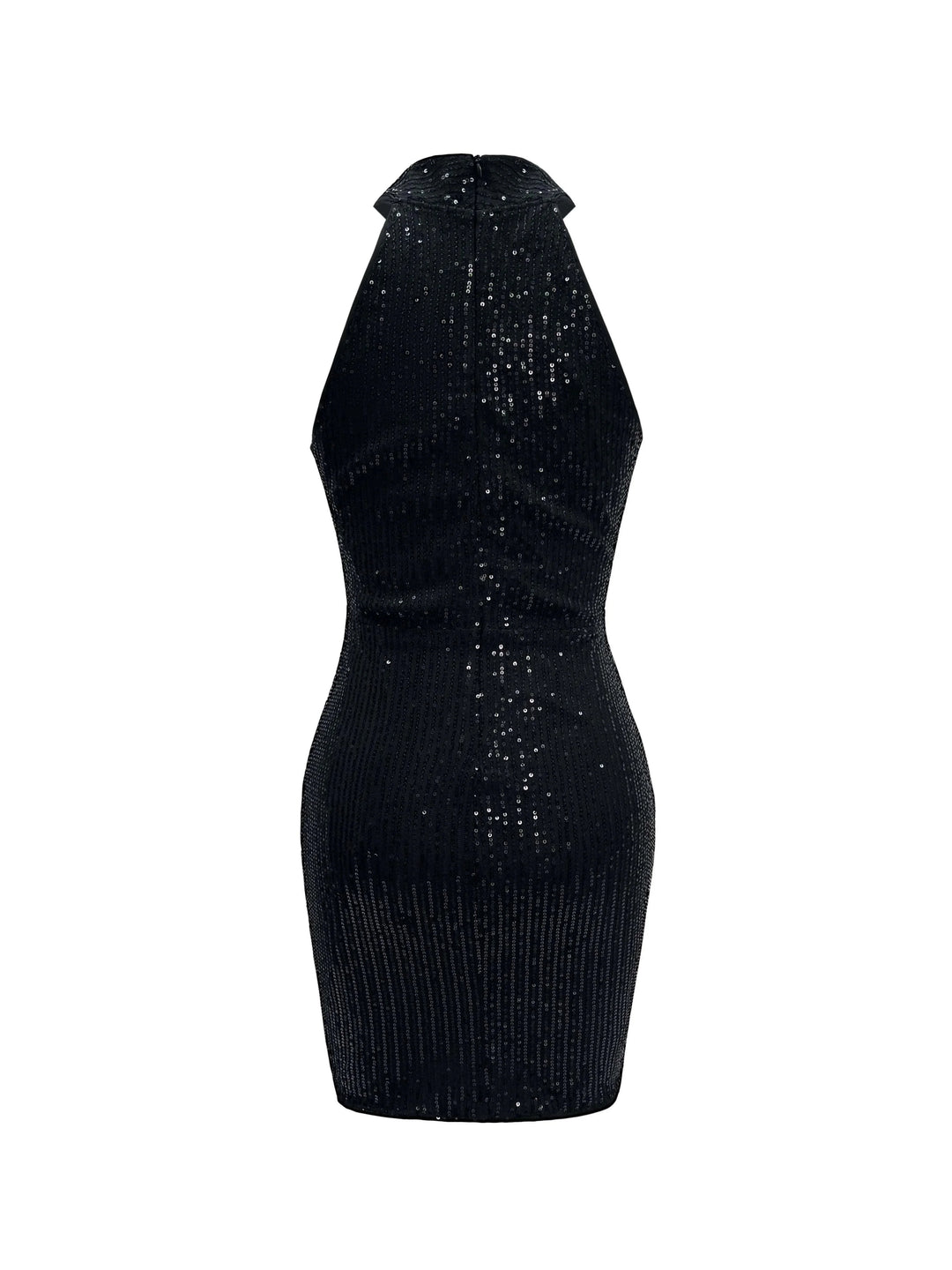 Black sequin mini dress with shimmering texture, perfect for evening events.
