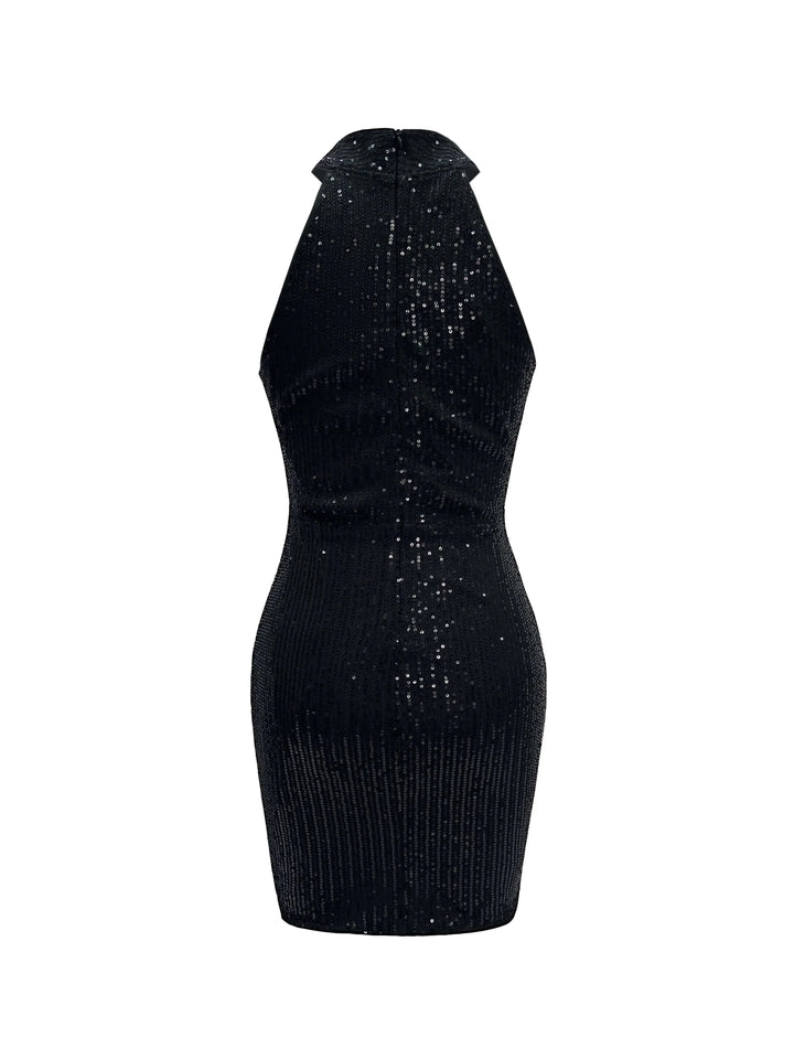 Black sequin mini dress with shimmering texture, perfect for evening events.