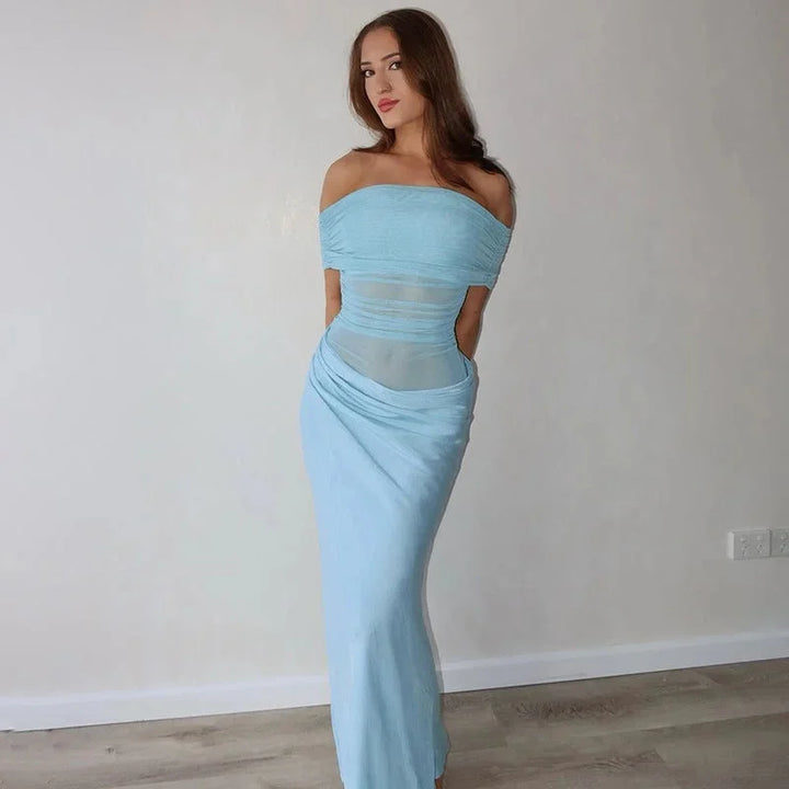 Off-shoulder ruched maxi dress in Azucena, highlight waist cut-out, elegant and stylish silhouette, suitable for formal…