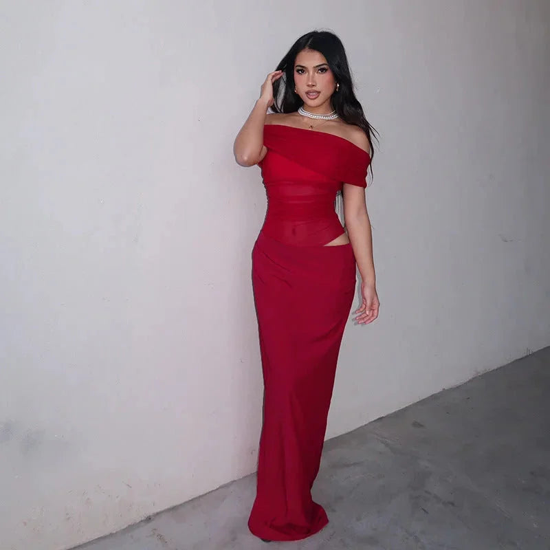 Red off-shoulder maxi dress with ruched detailing, waist cut-out. Made of lightweight and breathable fabric, perfect for a…
