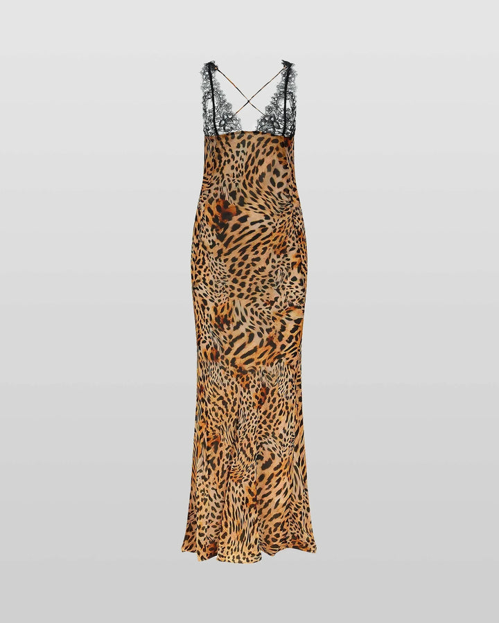 Beaux - Plunge neck animal print maxi dress in lightweight chiffon fabric with a striking exotic pattern and deep neckline.