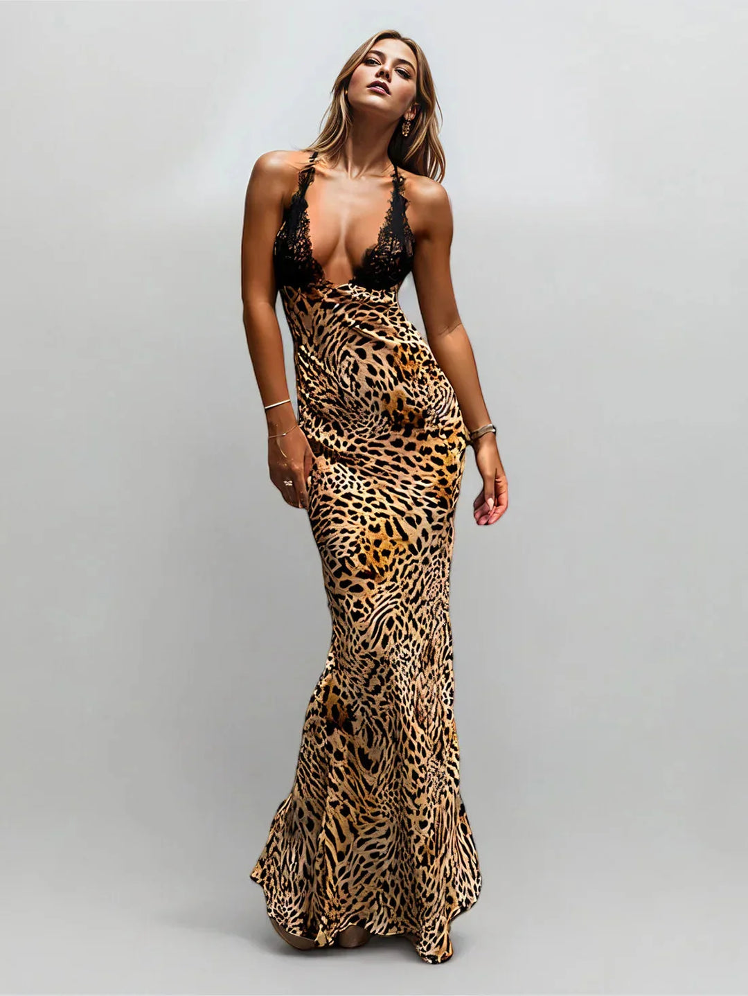 Plunge neck animal print maxi dress, made of lightweight fabric, featuring a bold and trendy design for sophisticated…