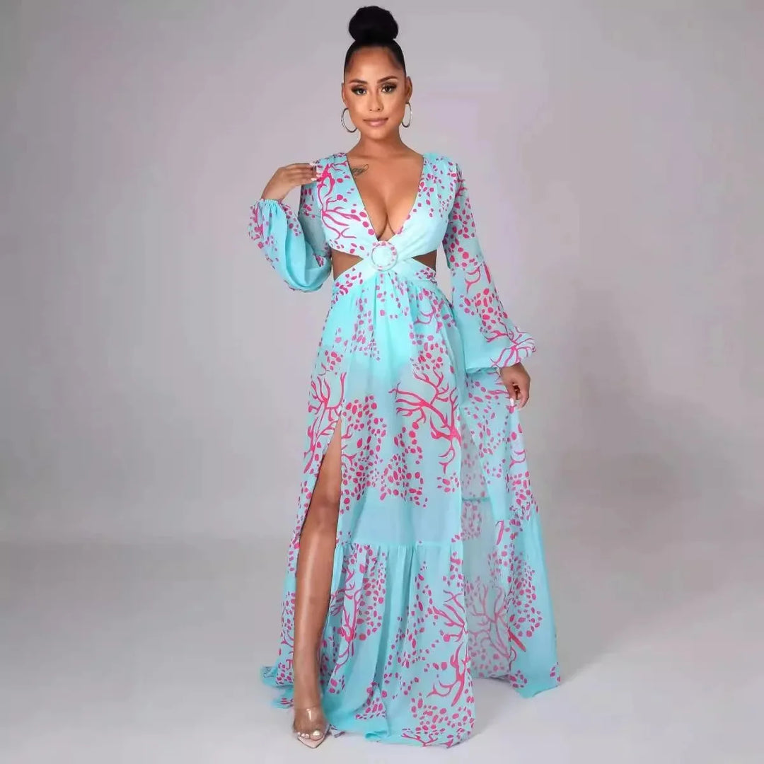 "Beck Long-sleeved deep-V maxi dress in Print 1, features a bold and vibrant print with a plunging neckline and flowy…