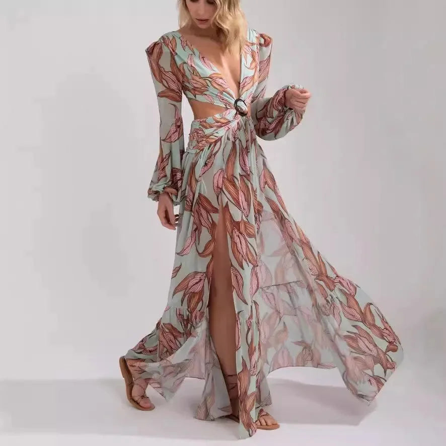 "Beck deep-V maxi dress in Print 2, featuring long sleeves and a flattering silhouette."