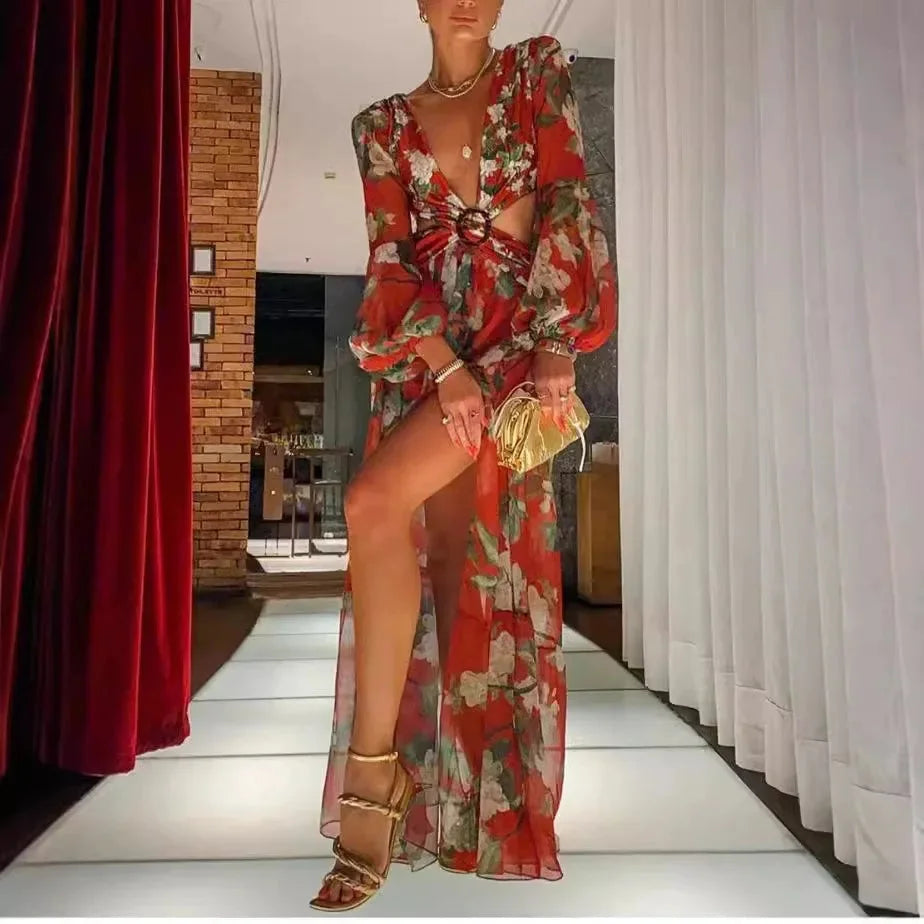 Beck deep-V maxi dress in Print 3 with long sleeves, abstract pattern, and flowing silhouette, perfect for casual events or…