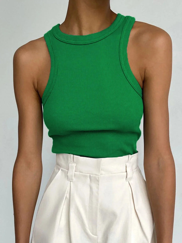 "Sleeveless ribbed tank top in Green, versatile and stylish for everyday wear, made with comfortable and breathable fabric."