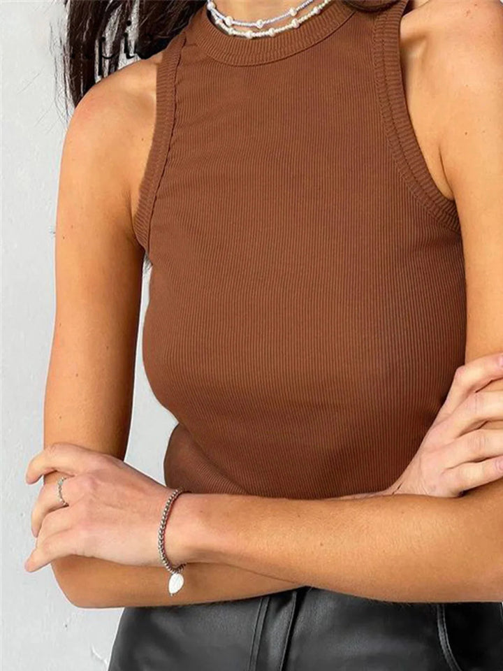 Light brown sleeveless ribbed tank top, versatile for any occasion, made of high-quality material.