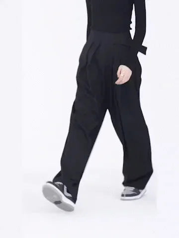 "Black wide-leg pants with adjustable fit waistband, perfect for daily wear, made from breathable cotton blend fabric."