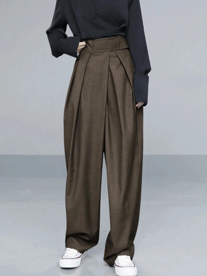"Dark brown wide-leg pants with adjustable fit for comfort, made from high-quality fabric."