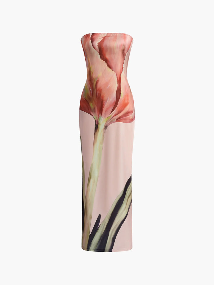 Strapless maxi dress with vibrant floral design, made from lightweight flowy fabric perfect for summer occasions.