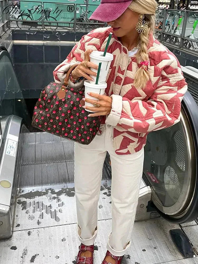 Pink Brynleigh quilted jacket for women, featuring stylish diamond pattern stitching and a cozy quilted design.