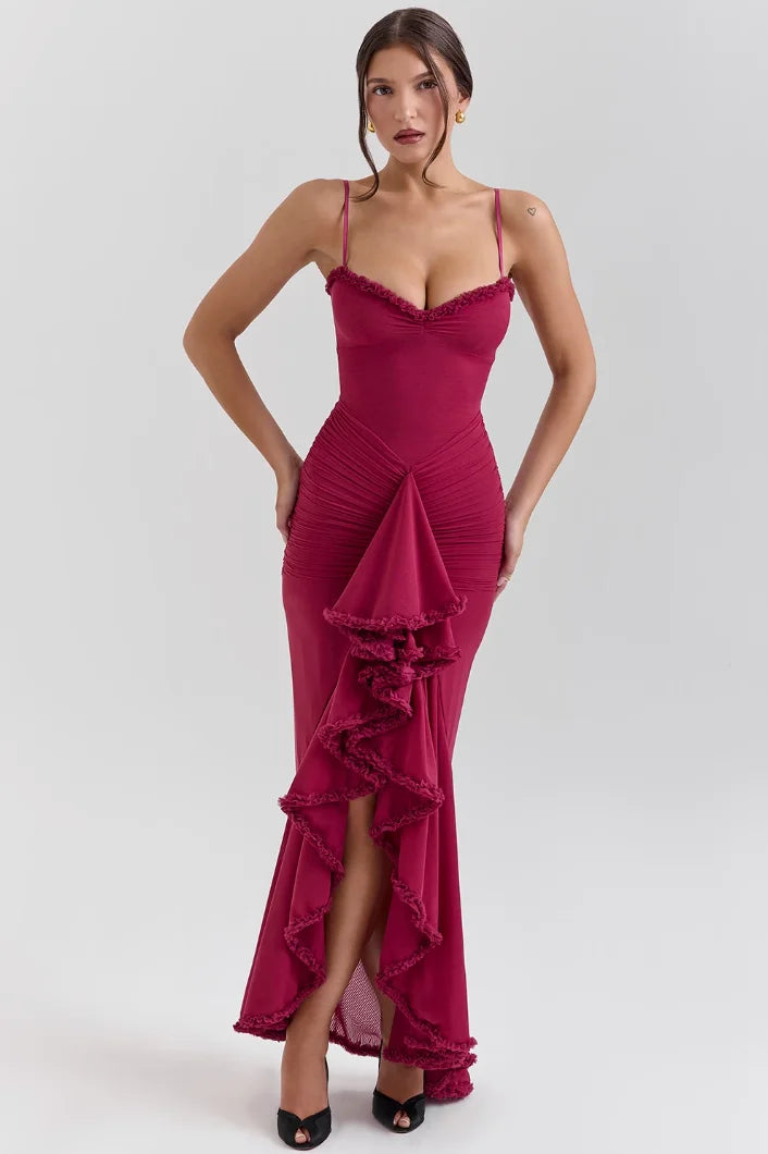 Burgundy midi dress with ruffled details, snug fit. Perfect blend of style and comfort in soft, premium fabric.