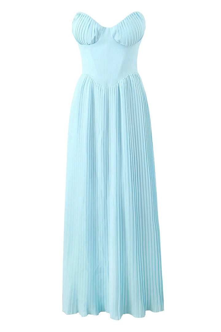 Light blue pleated dress with a sweetheart neckline, perfect for a charming and elegant look.