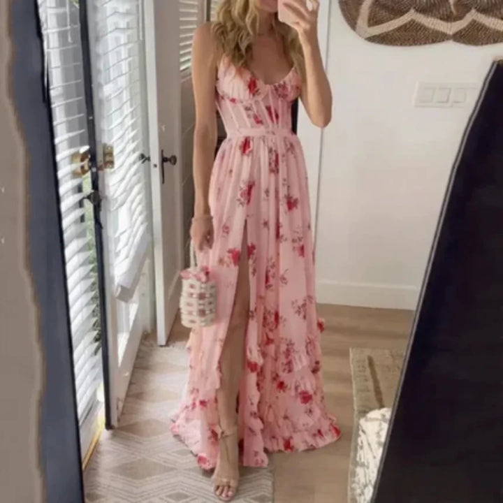 "Sleeveless split-front maxi dress in Pink featuring a flowing design, ideal for warm weather with a comfortable and…