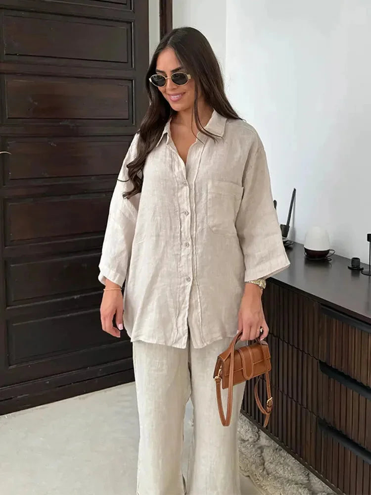 Khaki two-piece set in soft, breathable fabric with a cozy fit. Casual yet stylish look for everyday wear.