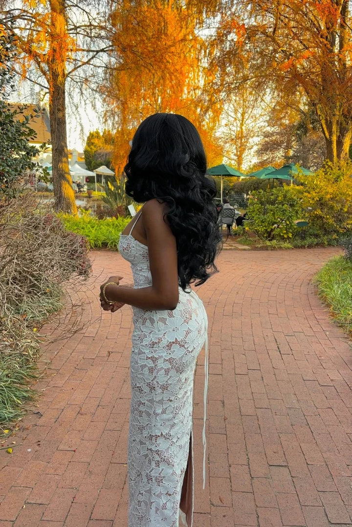 White lace maxi dress for women, tailored fit with intricate lace detailing, perfect for special occasions or elegant summer…