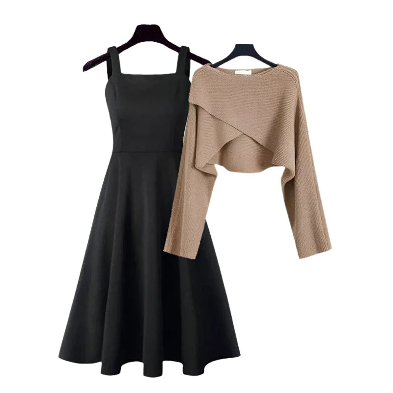 "Chandler dress in flared style, with a cozy asymmetrical knit sweater, perfect for stylish and comfortable everyday wear."