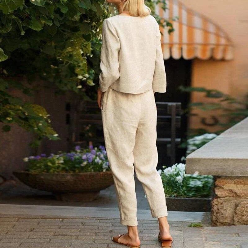 "Cindy women's two-piece linen set in breezy design with relaxed fit, perfect for casual outings or lounging at home."