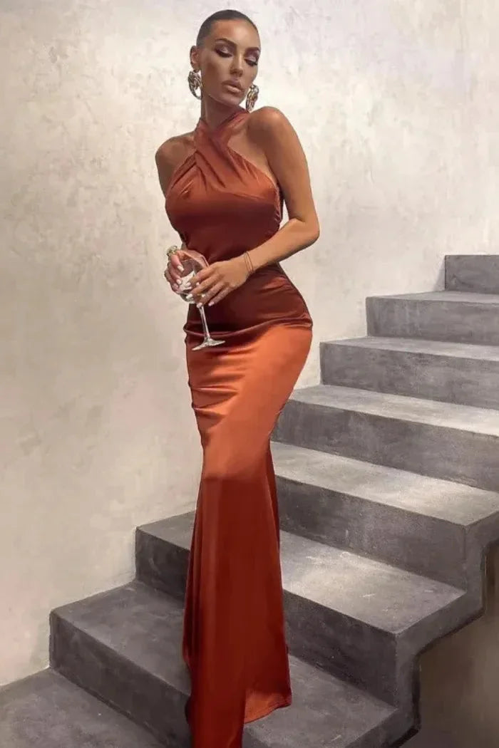 Brown Cordelia maxi dress with sleek silhouette, featuring soft, stretchy fabric and a flattering design for a stylish and…