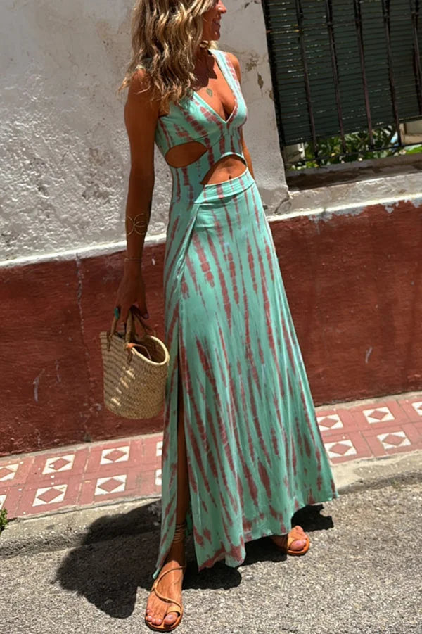 "Dagny tie-dye dress with plunging neckline and side split, made of soft and flowing fabric, perfect for casual chic summer…