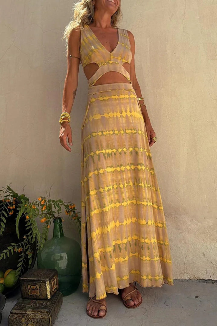 Blue tie-dye dress with a plunging neckline and slit, perfect for casual summer days.