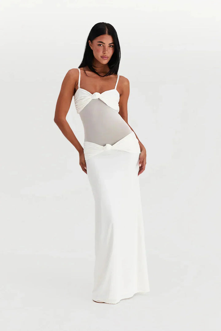 "Women's strapless maxi dress featuring mesh bodice in a sleek black fabric - perfect for summer outings and special…
