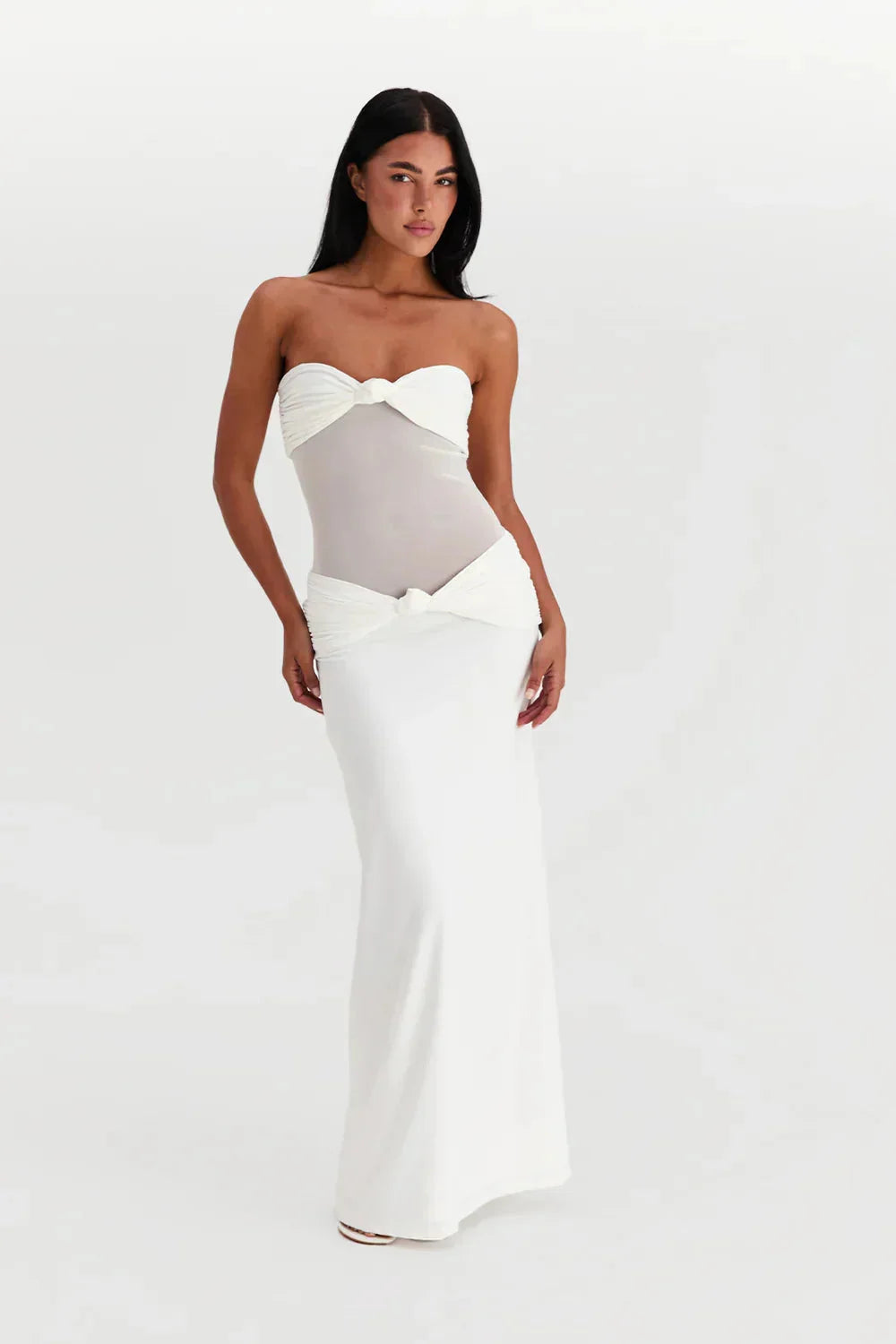 White strapless maxi dress with mesh bodice for women, perfect for summer.