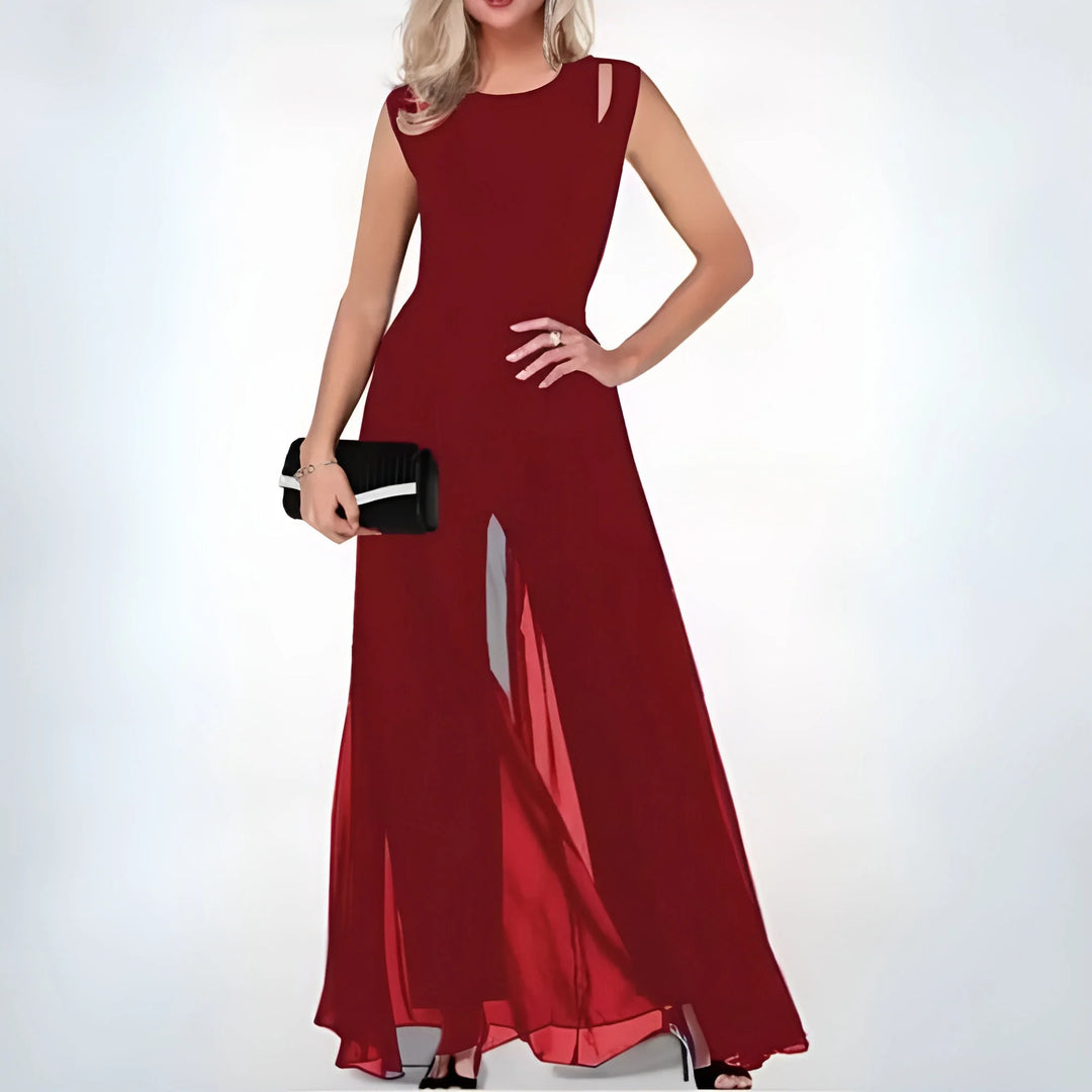 Red sleeveless maxi dress with side cutouts for women, made from soft, breathable fabric. Features a flattering design…