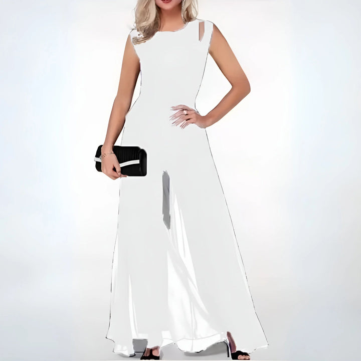 White sleeveless maxi dress with side cutouts for women, perfect for summer. Comfortable and stylish, made of lightweight,…