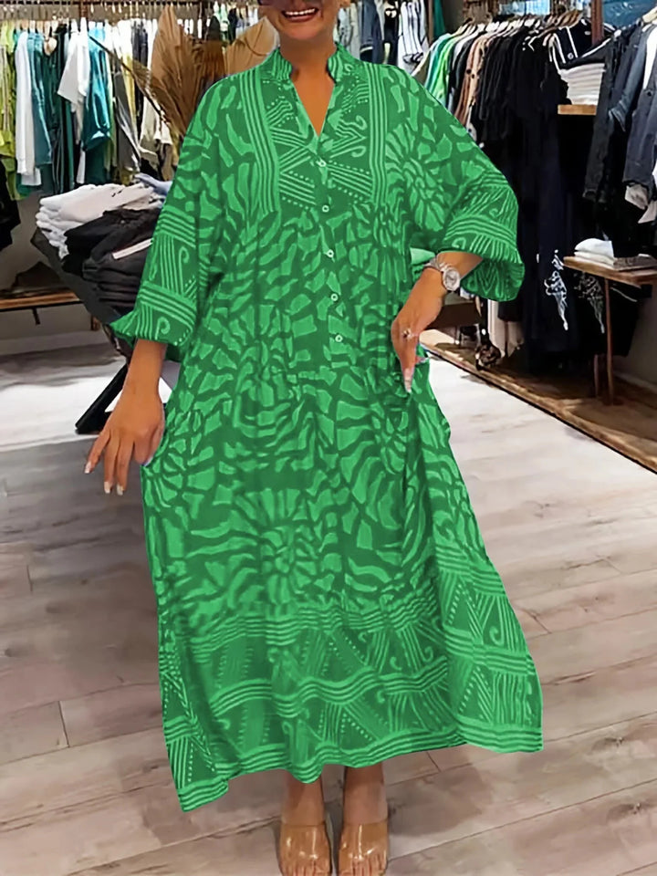 Flowy green printed maxi dress with adjustable tie straps and elastic waist for all body shapes. Made from lightweight,…