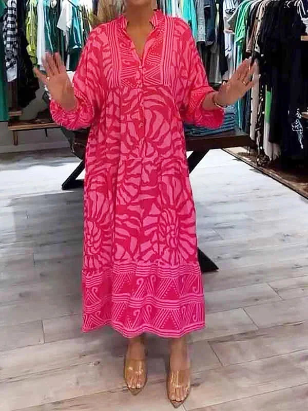 "Flowy pink maxi dress with vibrant print, suitable for all body types, crafted from comfortable and breathable fabric."