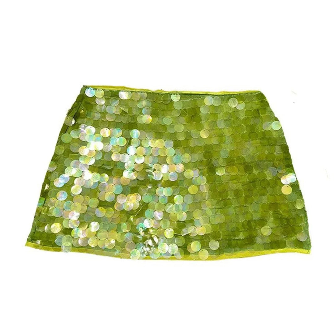 Green sequin mini skirt with adjustable waist. Shimmery and eye-catching design perfect for special occasions.
