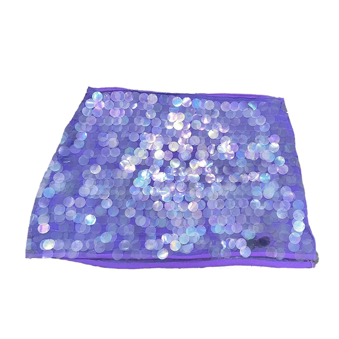 Purple sequin mini skirt with adjustable design for versatile styling. Shimmering fabric brings a touch of glam to your…