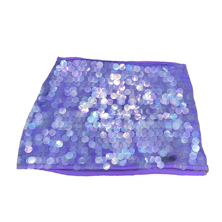 Purple sequin mini skirt with adjustable design for versatile styling. Shimmering fabric brings a touch of glam to your…