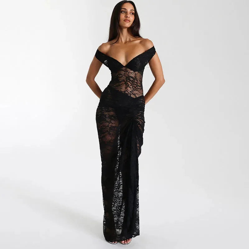 Off-shoulder maxi dress in a elegant design with intricate lace details, perfect for a summer event or casual outing.