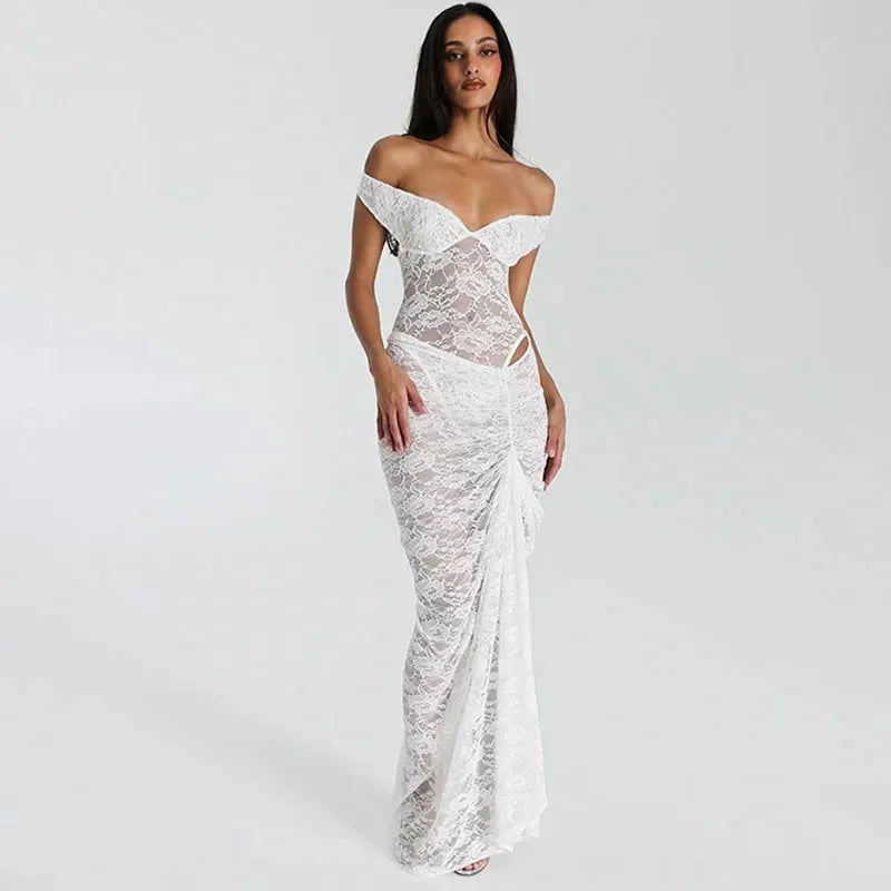 "Off-shoulder maxi dress in dusty rose with intricate lace accents, perfect for a chic summer look."