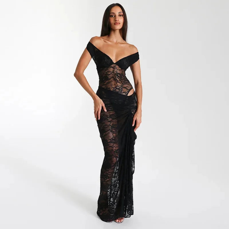 "Black off-shoulder maxi dress with lace accents, perfect for elegant occasions. Made from soft and flowy fabric for a…