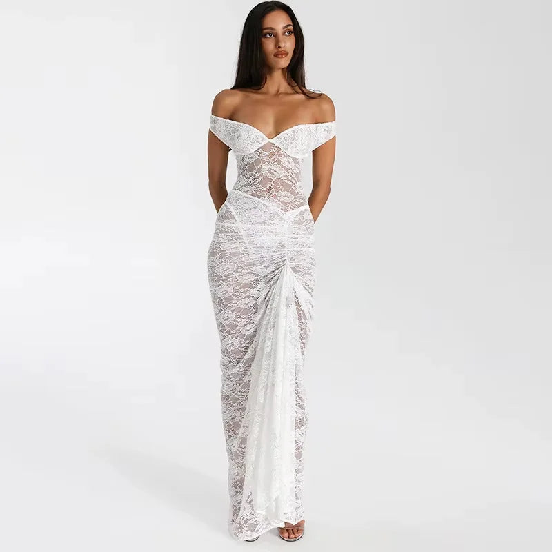 Off-shoulder maxi dress in White with intricate lace details, perfect for a romantic beach wedding or garden party.